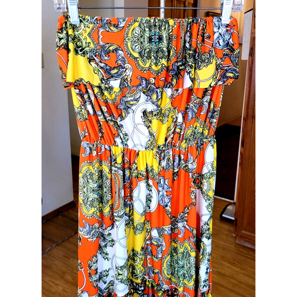 Elan Womens M Strapless Cover Dress Hi Low Stretch Orange Bold Tropical Beachy - Picture 2 of 8